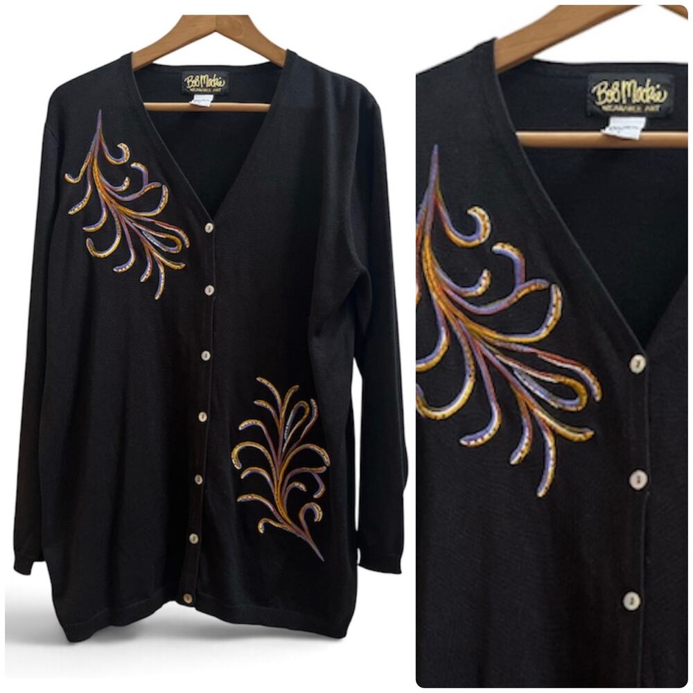 Vintage Bob Mackie Wearable Art Black Embroider Leaf Motif Tunic Cardigan Large